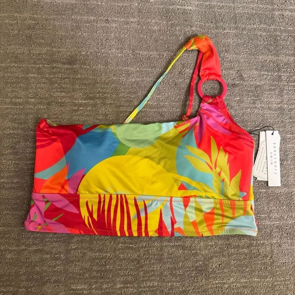 Sanctuary Swim Colorful One Shoulder O Ring Swim Bikini Top XL NWT